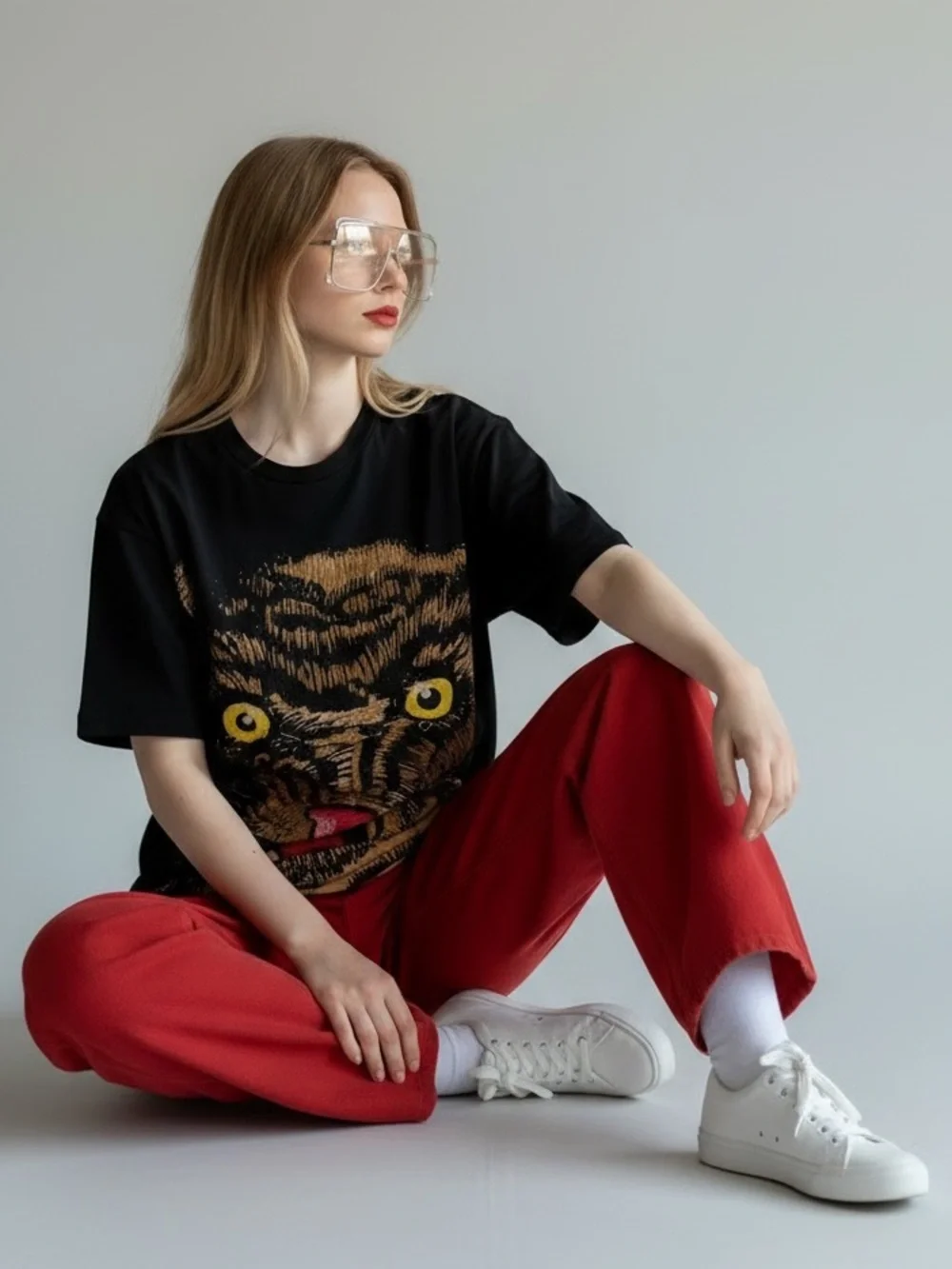 Gucci Black Tee with Large Beaded Tiger Face Graphic